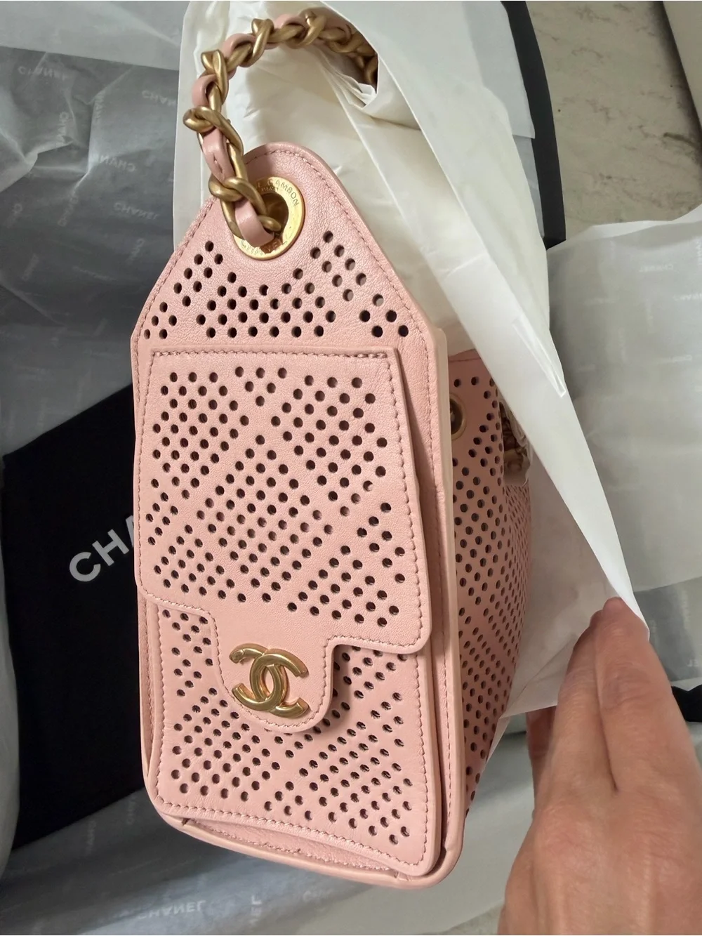 CHANEL Pink Perforated Leather Small Shoulder Bag with Gold Hardware